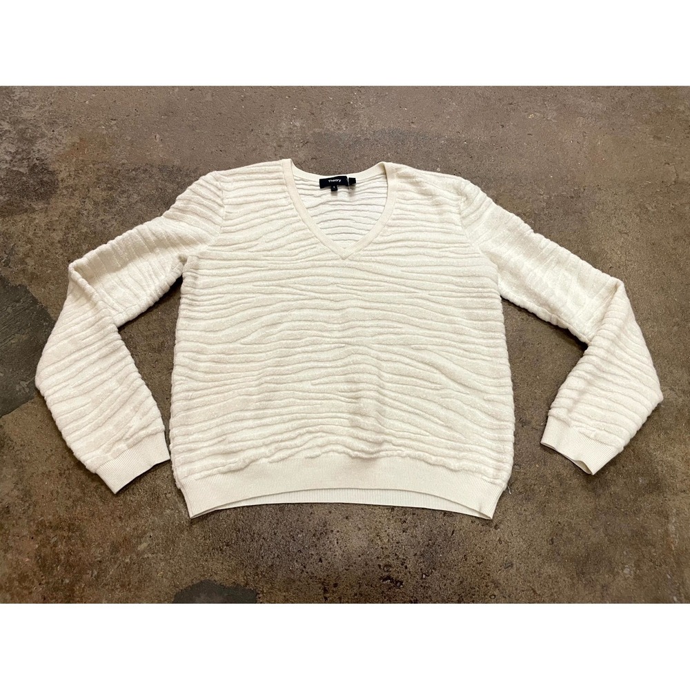 Theory Zebra Plush Sweater Womens Small Ivory Textured Knit V Neck Long Sleeve